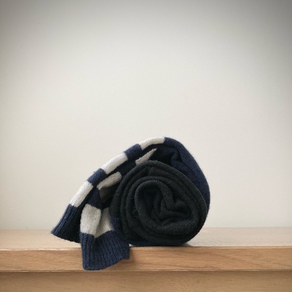 joodito 100% cashmere sweater preppy tie scarf muffler winter black navy striped - Picture 7 of 9